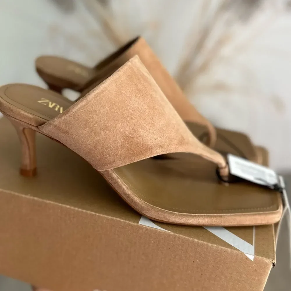 ZARA TOE POST HEELED LEATHER SANDALS
